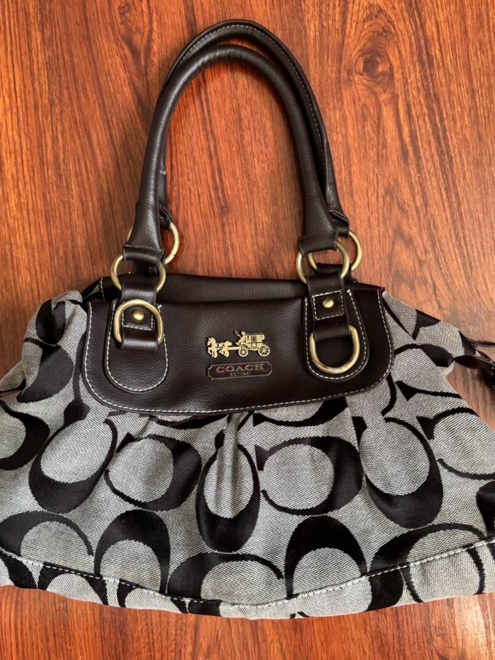 Coach Black and Gray Signature Tote with Leather Trim